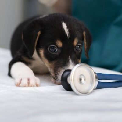 Close up on veterinarian taking care of dog